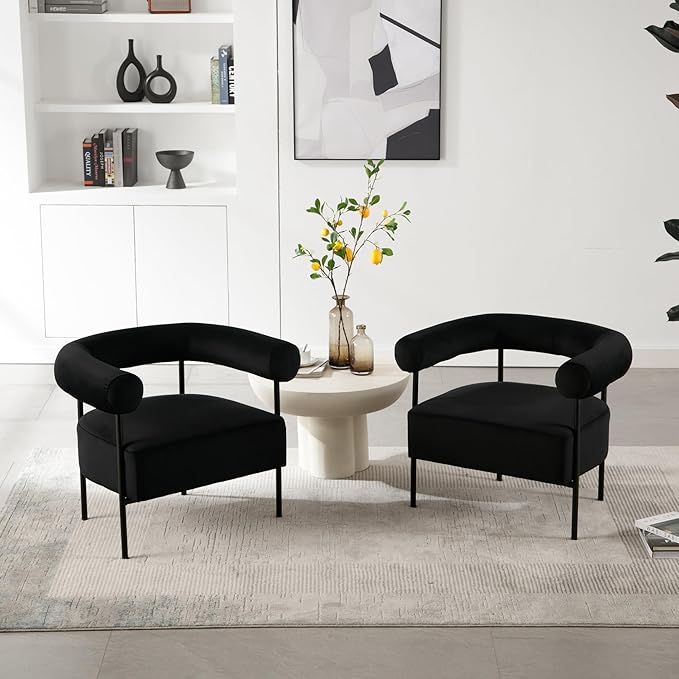 Wahson Black Accent Chair Set of 2 with Metal Legs Velvet Upholstered Barrel Chair with Curved Backrest Small Modern Reading Chair for Living Room/Bedroom/Office