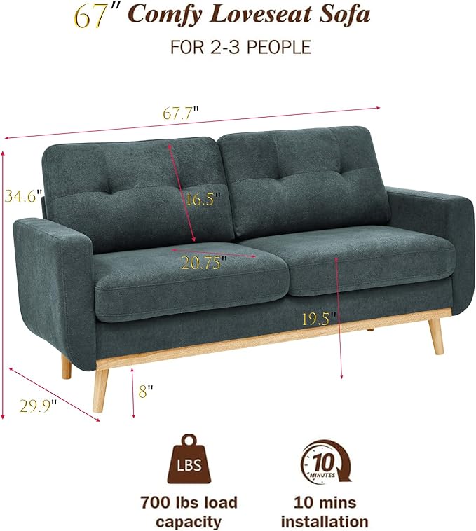 Gray 67 Loveseat Sofa Couches for Small Spaces Mid Century Love Seat Couches for Living Room Upholstered 2-Seater Small Couch for Bedroom ApartmentSolid Wood Legs Easy Assembly (Green)