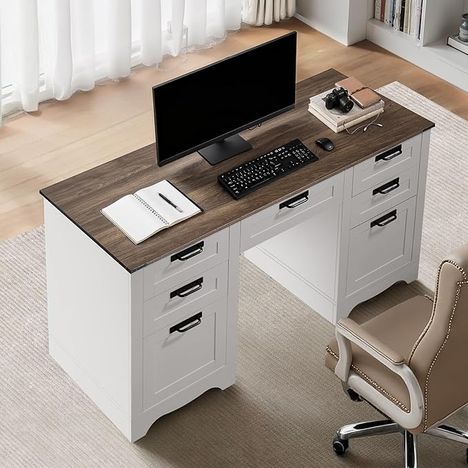 VEVOR 60 Executive Desk with Drawers Farmhouse Home Office Desk with Charge Station Keyboard Tray File Storage Cabinet 200 LBS Load Capacity Wood Table Easy Assembly for Work Study Walnut