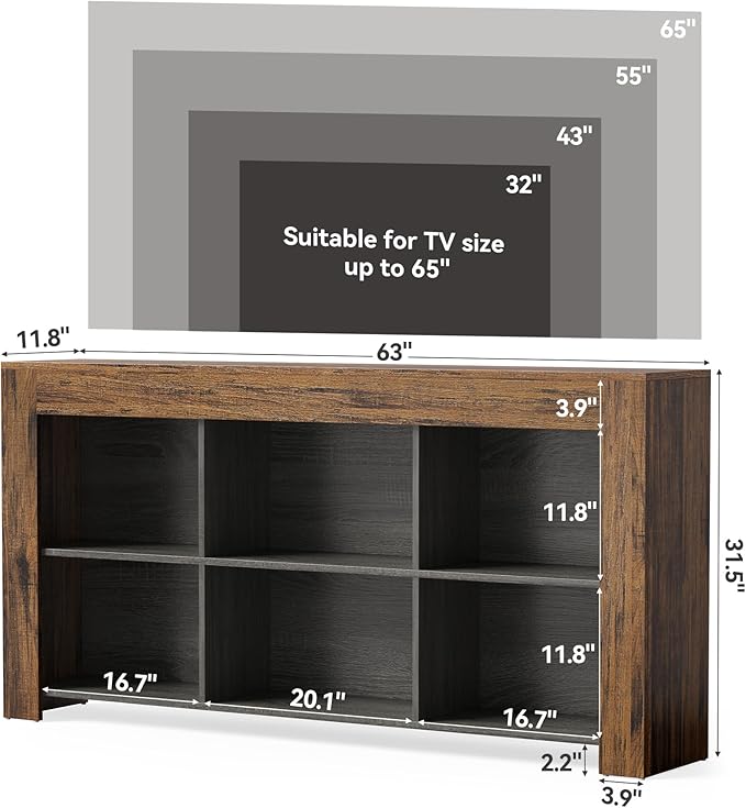 LITTLE TREE TV Stand with Storage 63-Inch Entertainment Center with Shelves Modern Media Console for Television up to 65 for Living Room Bedroom Brown + Black