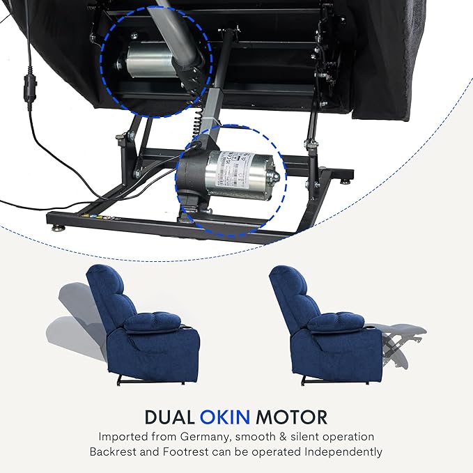 FLEXISPOT XL5 Dual OKIN Motor Power Lift Recliner Chair for Elderly Lay Flat Electric Recliner with Massage &amp Heat USB Ports Fabric Reclining Sofa for Living Room Bedroom Blue
