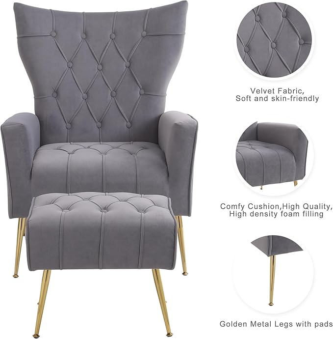 Velvet Accent Chair with OttomanUpholstered Tufted Wingback Arm Chair Modern Decorative Chairs with Gold Metal Legs for Bedroom Living Room (Grey1 Chair)