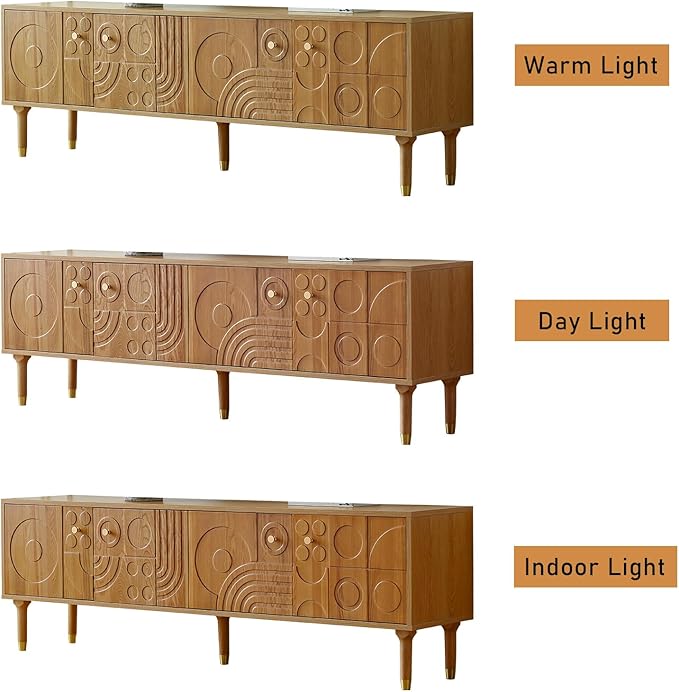 Modern TV Stand for 80 inch TV 70.9 Entertainment Center with Carved Geometric Doors TV Console with 4 Cabinet Storage Retro Art-Inspired Media Console for Living Room/Bedroom - Wood