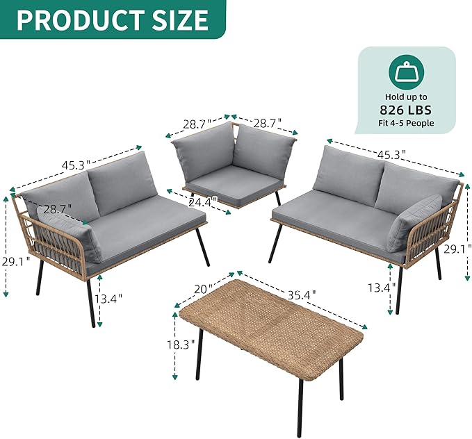 YITAHOME 4 Pieces Sectional Sofa Couch L-Shaped Sofa with 5 Seater for Living Room Detachable Lounger with Thickness Cushions and Side Table - Grey