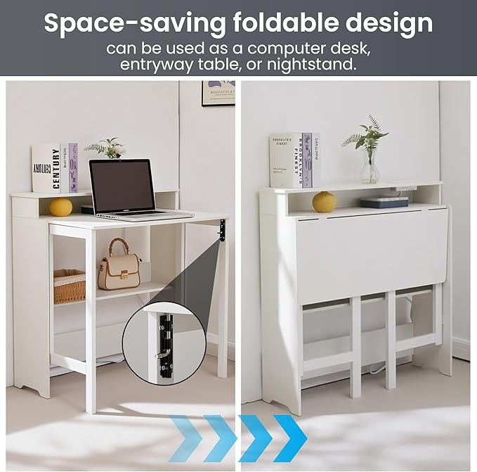 Fold Out Desk with Power Outlets Small Foldable Table with Storage ShelfSpace-Saving Hidden Desk for Bedroom Living Room &amp Office (White)