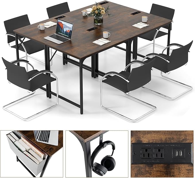 32 Inch Computer Desk Set of 4 Modern Writing Desk with Heavy-Duty Metal Frame Storage Bag &amp Charging Station Rectangular Home Office Workstation Table for Conference Study &amp Meeting Room
