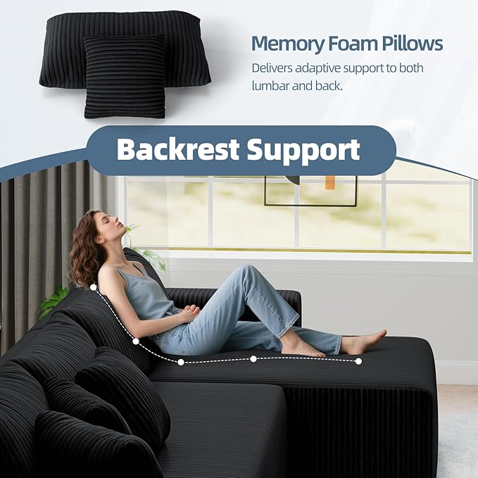 Cloud Couch U-Shaped Sectional Sofa 134'' Modular Boneless Couches for Living Room Corduroy Deep Seat Sofa with 2 Chaise Lounges and 1 Loveseat 30D High-Resilience Foam No Assembly Black