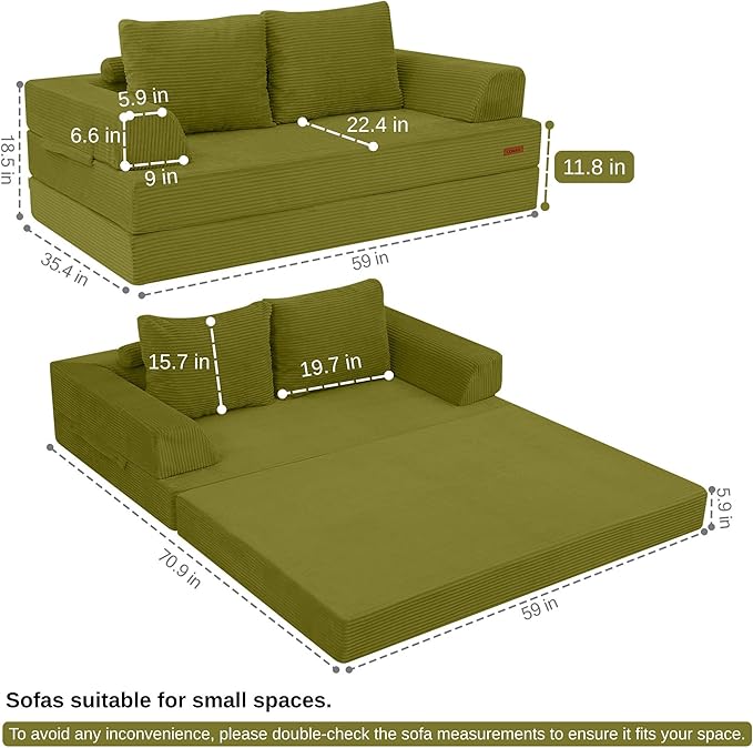 COMAX Convertible Sofa Bed Folding Floor Couch Corduroy Fold Out Couch Bed Futon Sleeper Mattress with Pillows Boneless Sofa Comfy Lounge Loveseat for Living Room Bedroom Light Green