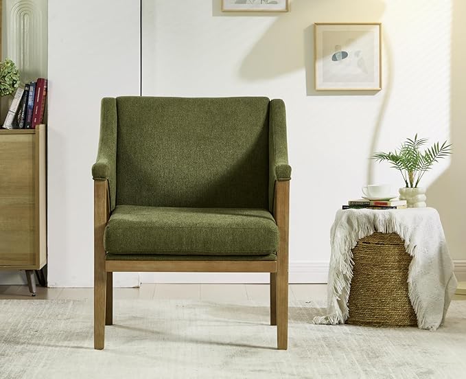 EALSON Modern Accent Chair Comfy Living Room Chair with Wooden Frame and Armrest Mid Century Upholstered Fabric Reading Lounge Armchair for Living Room/Bedroom/Reading/Balcony Chenille Green