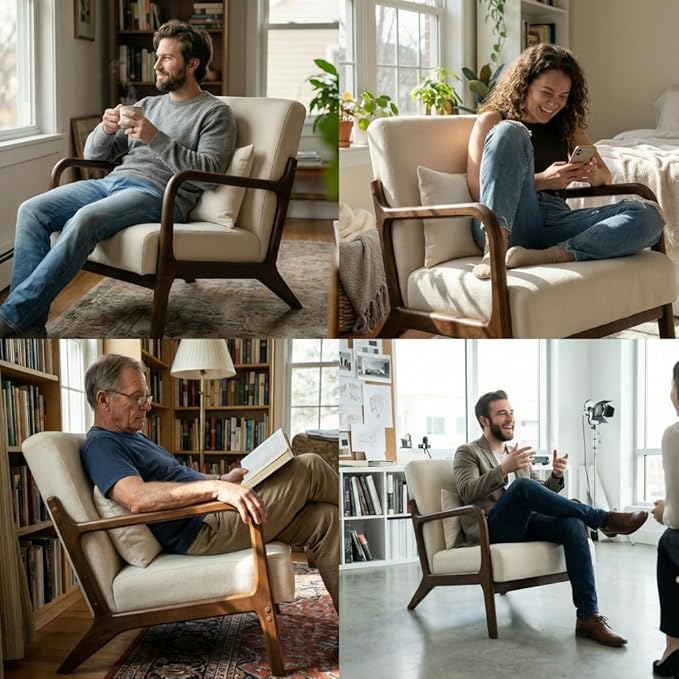 Modern Accent Chair Cotton Linen Fabric Upholstered Lounge Armchair with Solid Wood Frame for Living Room Bedroom Reading Nook (White-Dark Brown armrest)
