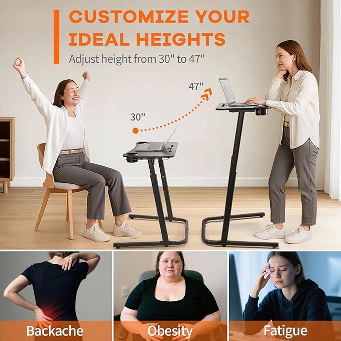 Treadmill Desk Small Standing Desk for Walking Pad 30-47 Inch Adjustable Height Walking Pad Stand for Treadmill Portable Standing Table for Bike and Home Office Work - Black