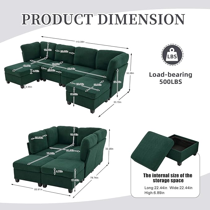 113 Modular Sectional Sofa Couch with Storage U Shaped 4 Seat Couches with Movable Ottoman Freely Combinable Deep Seat Sofa Upholstered Sectional Couches for Living Room Emerald