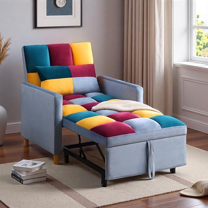 3-in-1 Convertible Sleeper Chair Sleeper Sofa Bed with Adjustable Backrest Lazy Sofa Bed with Pillow Recliner Chair with Sturdy Wood Frame for Living Room Apartment Dorm Rainbow