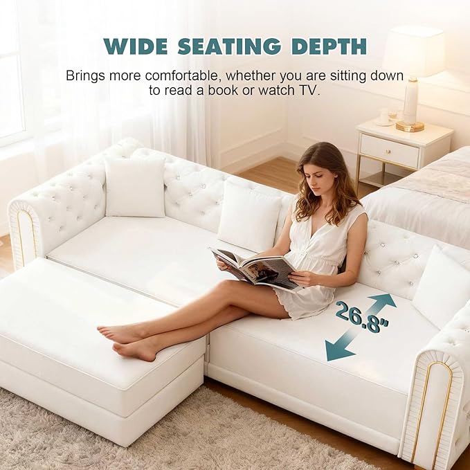 Polibi 90.6 3-in-1 Convertible Sleeper Sofa Bed Velvet Tufted Modern 3-Seater Couch with Movable Ottoman &amp Gold Trim King Size Sleeper for Living Room Apartment Beige+White