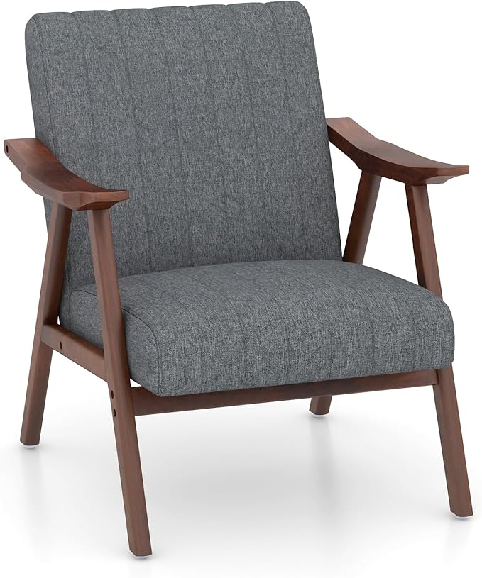 Giantex Mid-Century Modern Accent Chair Upholstered Comfy Living Room Chair with Arms Anti-Slip Felt Pads Wooden Frame Soft Padded Armchair for Living Room Bedroom Office Study Light Grey