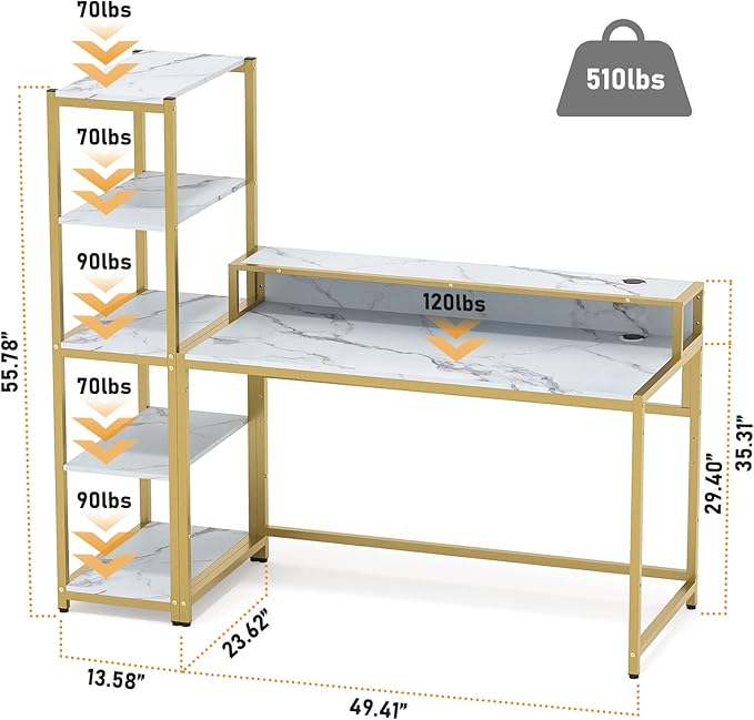 Teraves Computer Desk with 5 Tier ShelvesReversible Writing Desk with Storage 49 Inch Study Table for Home Office Independent Bookcase and Desk for Multiple Scenes (White Marbling+ Gold Frame)