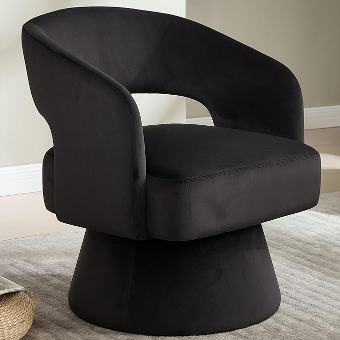 Swivel Accent Chair with Arms for Living Room Swivel Barrel Chairs with Backet for Small Space Velvet Round Chair for Bedroom (Black)