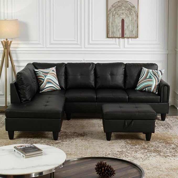 L-Shaped Sectional Sofa with Movable Chaise &amp Storage Ottoman Leather 3-Piece Modular Convertible Couches for Living Room Apartment &amp Office Black