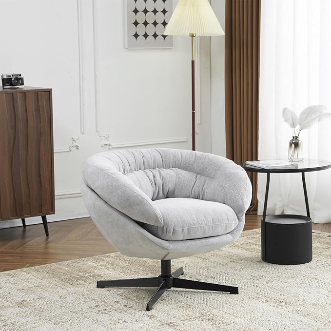 Modern Chenille Office Chair 360° Swivel Club Chair/Accent Chair with Removable Cushion Round Office Chair Black Metal Base Cotton Material Living Room Bedroom Reading Corner (Gray)