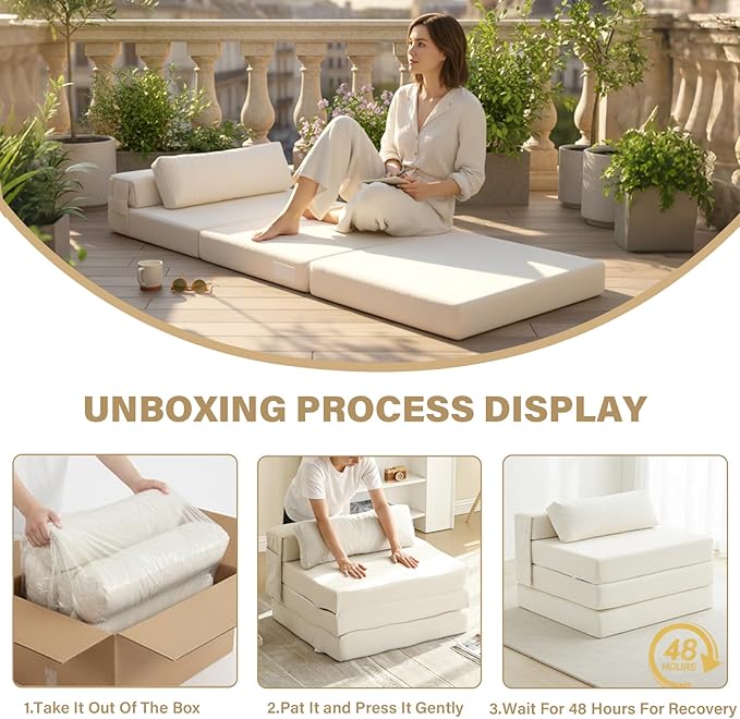 Tiita Folding Sofa Bed Chair 4-Fold Convertible Sleeper Chair with Lumbar Pillow Washable Cover &amp Side Pocket Floor Couch Bed with Raised Seat Single Size for Small Spaces Beige