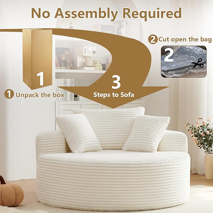 55''L Oversized Round Chaise Longue Chair Indoor Corduroy Sponge Single Sofa Oversized Round Chairs Modern Sleeper Chair for Living RoomProjection Room Wide Armrest Chairs Beige