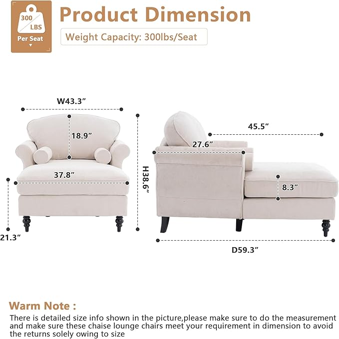 Setawix Chenille Upholstered Chaise Lounger Sleeper Sofa ChairOversized Chaise Lounge Chair Indoor with Rolled ArmsMid Century Modern Lounger Couch for Living Room Bedroom (Beige 43.3 W)