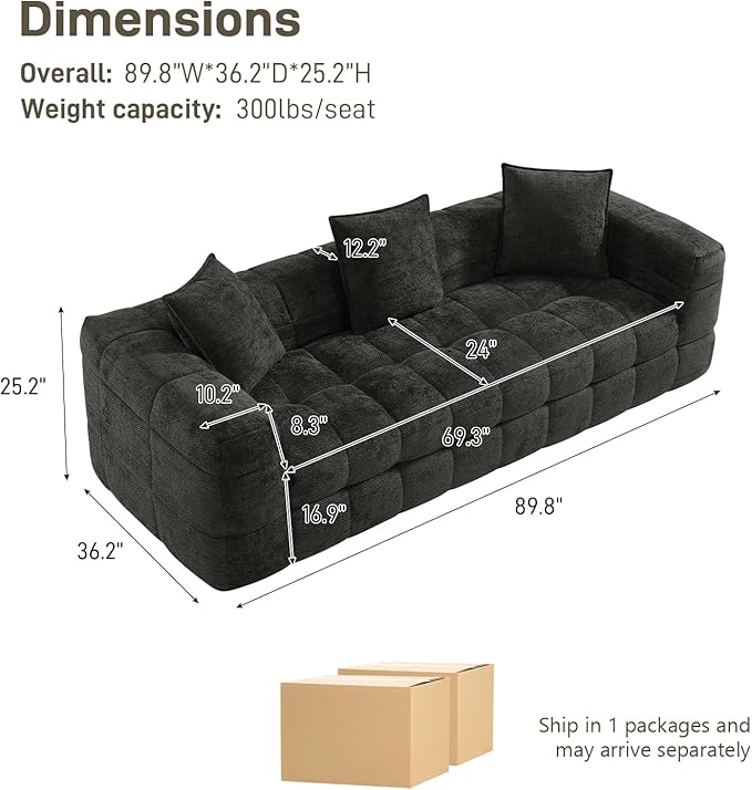 89.8 Chenille Cloud Sofa Couch with 3 Soft PillowsComfy Upholstered Chenille 3 Seater LoveSeat SofaModern Deep Seat Sherpa Cloud Couch Oversized Love Seat for Living RoomBlack Grey