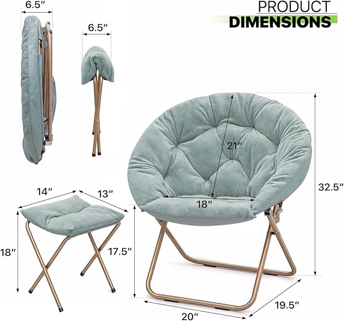 Magshion Folding Saucer Chair for Adults with Ottoman Circle Reading Chair for Bedroom Living Room &amp Dorm Furry Comfy Accent Seat with Metal Leg &amp Thick Padded for Small Spaces (Teal 2 Pac
