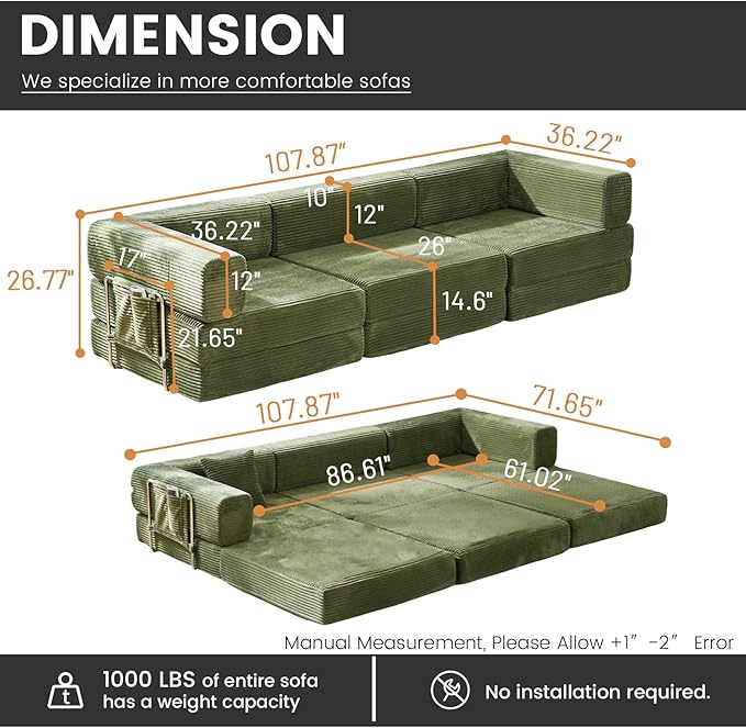 Convertible Sleeper Sofa Bed Corduroy Upholstered Green Modular Floor Couch Queen/King Size Foldable Futon with Memory Foam for Apartment Living Room Bedroom (Green 108 Sofa) | Convertible sofa bed