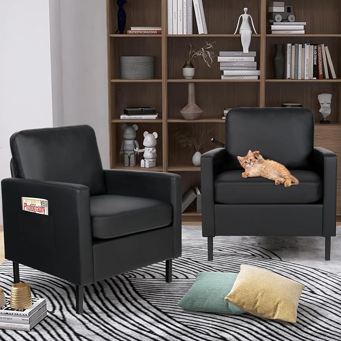 STHOUYN Black Faux Leather Accent Chair Set of 2 with Arms Modern Small Accent Office Chair Waiting Room Chairs for Living Room Bedroom with Metal Legs