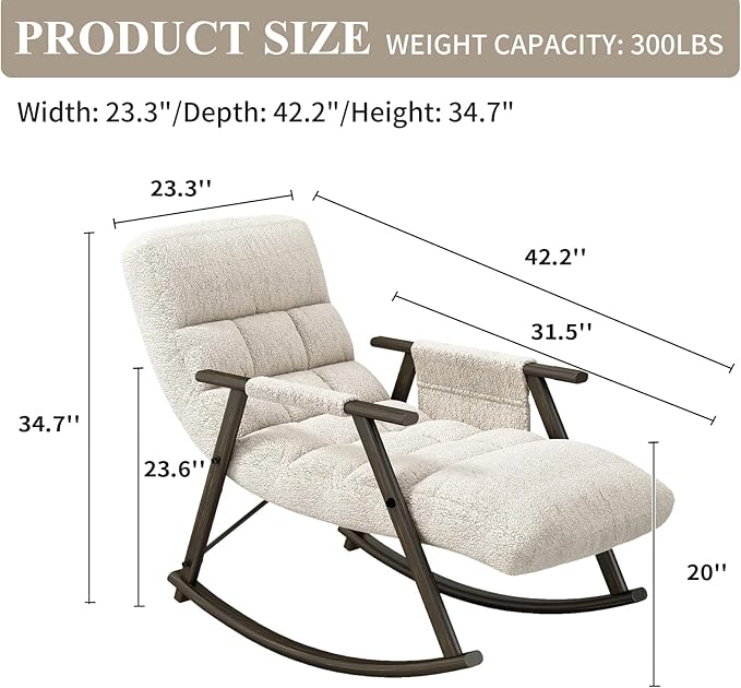 NIOIIKIT Nursery Rocking Chair Teddy Upholstered Rocker Chair with Adjustable Back&ampFootrest Reclining Glider Chair with Side Pocket Tufted Glider Rocker Armchair for Living Room (Beige Teddy)