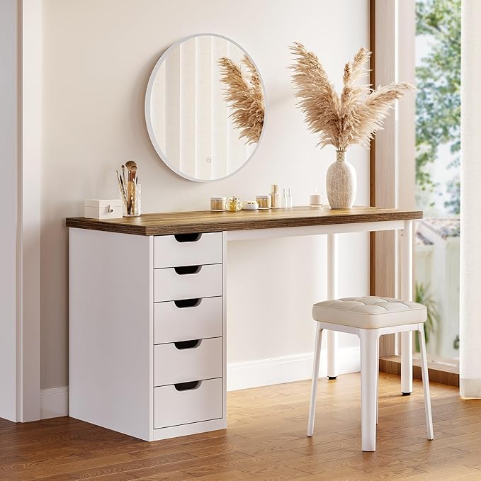 LITTLE TREE Computer Desk with 5 Drawers 47 Inch Modern Simple Study Writing Desk with Metal Frame Work Desk for Home Office Rustic Brown and White