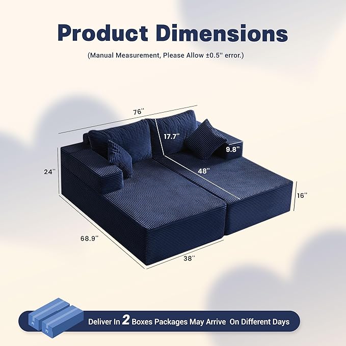 Chaise Lounge Chair Boneless Couch for Living Room and Bedroom Set of Sleeper Couches Reading Chairs Corduroy Blue
