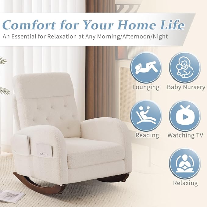 VINGLI Teddy Fleece Low Seat Rocking ChairBoucle Upholstered Nursery Glider Chair with Side PocketsAccent Arm Chair with High BackrestComfy Head RestSolid Woodfor Living Room BedroomBeige