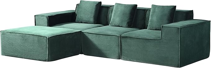 Rowan Convertible Corduroy Sectional Couch with Ottoman &amp Pillows Modular L Shaped Sleeper Sofa Boneless Cloud Couch for Living Room Furniture Dark Green
