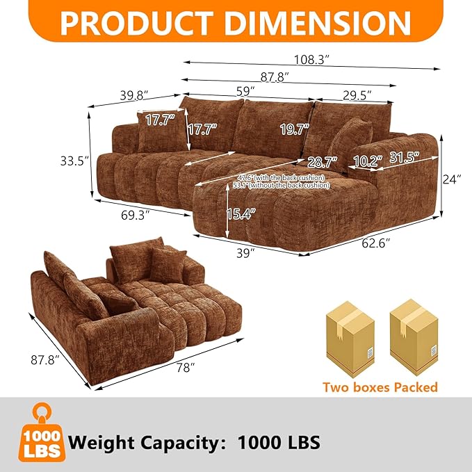 Luxury 108 L Shape Boneless Couches for Living Room Chenille Modular Sectional Cloud Sofa Couch W/Deep Seat &amp Pillows Memory Foam Couch W/Oversized Chaise (Orange Left Facing Chaise)