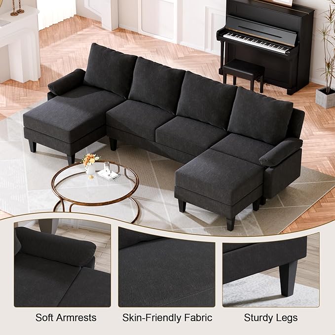 Sectional Couches for Living Room Furniture Sets 4 Seat L Shaped Couches with Ottoman Modular Sectional Sofa for Apartment Furniture Sets Linen Black