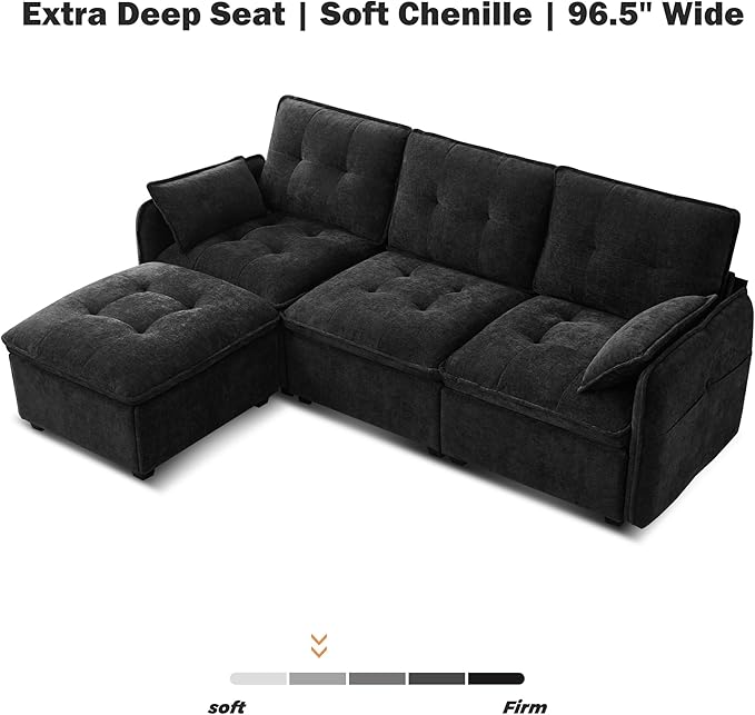 Oversized Modular Sectional Sofa with Ottoman 96.5 Inch 3 Seat Deep Seat Chenille Couch Convertible L Shaped Sofa with Pillows Comfy SeatingCouch for Living Room Apartment Office (Black)