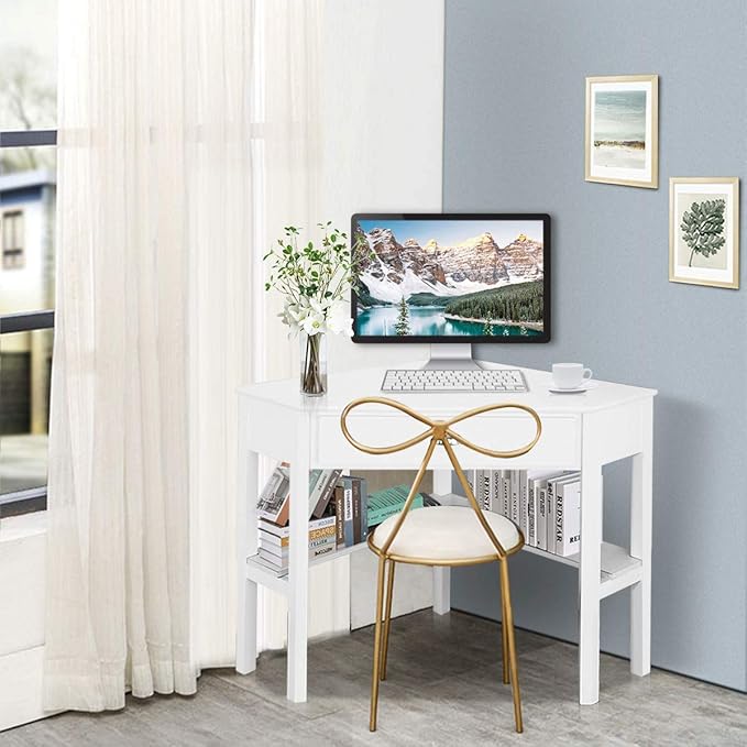 LDAILY White Corner Desk Triangle Makeup Vanity Desk for Small Space Compact Writing Desk with Storage Shelves &amp Drawer Space Saving Corner Computer Desk for Bedroom Home Office