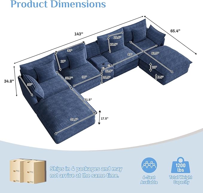 143 U Shaped Cloud Couch Modular Sectional Sofa Set for Living Room Oversized Sofa Modern Sectional Couches Large Corduroy Deep Seat with Central Console USB Ports Ottoman Blue