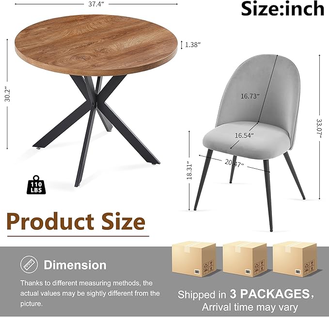 Dining Table Set for 4 Modern Mid-Century Compact Kitchen Table with Chairs Set 37-in Round Breakfast Nook Dinner Table Set with Upholstered Dining Side Chairs for Dining Room Grey
