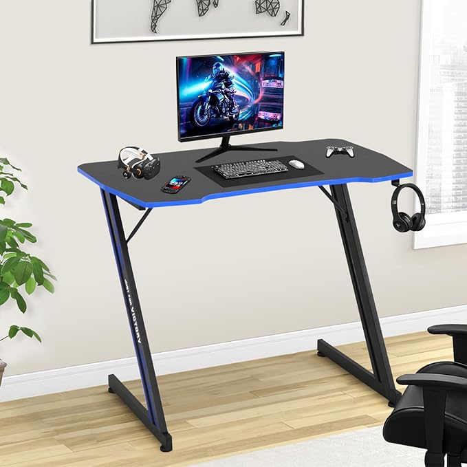 Gaming Desk 39 Inch Z-Shaped Computer Desk Modern Ergonomic PC Computer Table Home Office Desk Racing Style Gaming Workstation with Headphone Hook Blue