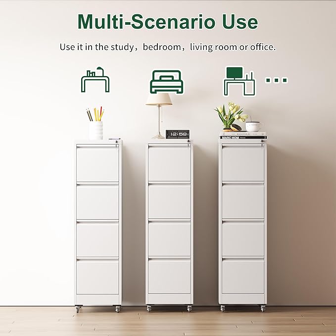 4 Drawer Small Metal File Cabinet with Lock - Locking Filing Cabinet Organizer for Home Office Under Desk Storage Drawers17.71 D*15.16 W*52.28 HWhite