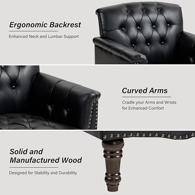 Faux Leather Accent Chair PU Leather Modern Comfy Upholstered Armchair with Wood Legs &amp Nailhead Trim for Living Room Bedroom (BlackSet of 2)