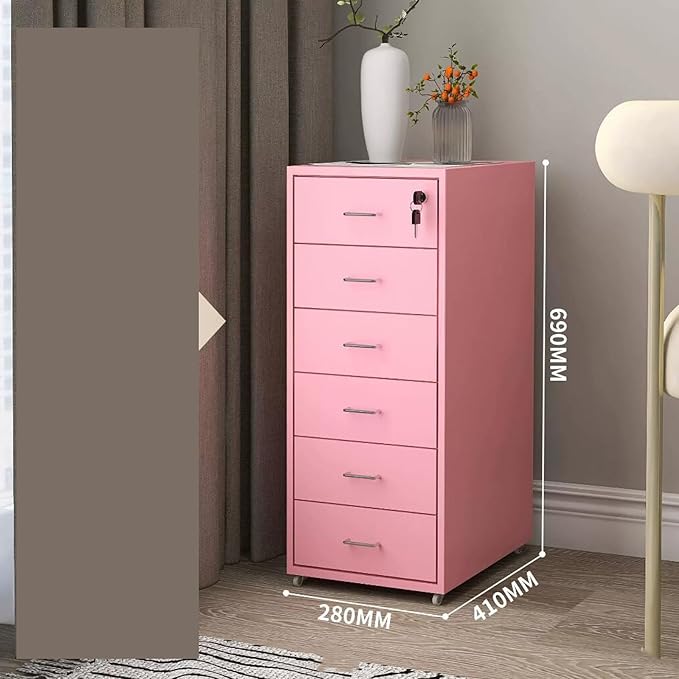 File Cabinet Six Drawer Cabinet Office with Lock Storage Cabinet Iron Data File Storage Cabinet (Color : Pink)