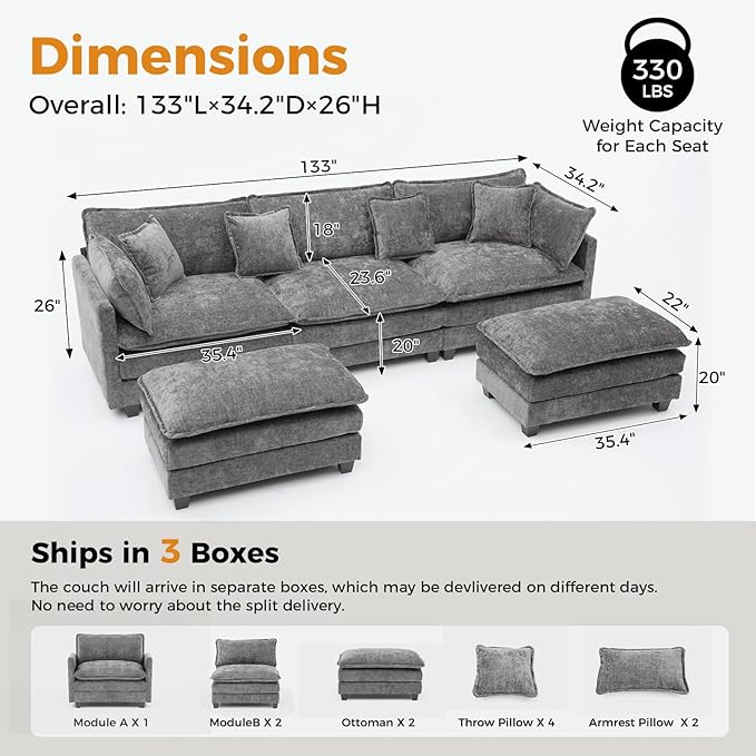 Redlife 133 Modular Sectional 3-Seater Sofa with 2 Ottomans Chenille Sectional Couch Set with Spring &amp Double Foam Cushion System Removable Covers Easy to Assembly Gray