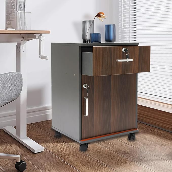2-Tier Mobile File Cabinet Under Desk Metal Filing Cabinet Modern Small Vertical Rolling Filing Cabinets with Lock and 1-Drawer for Home Office