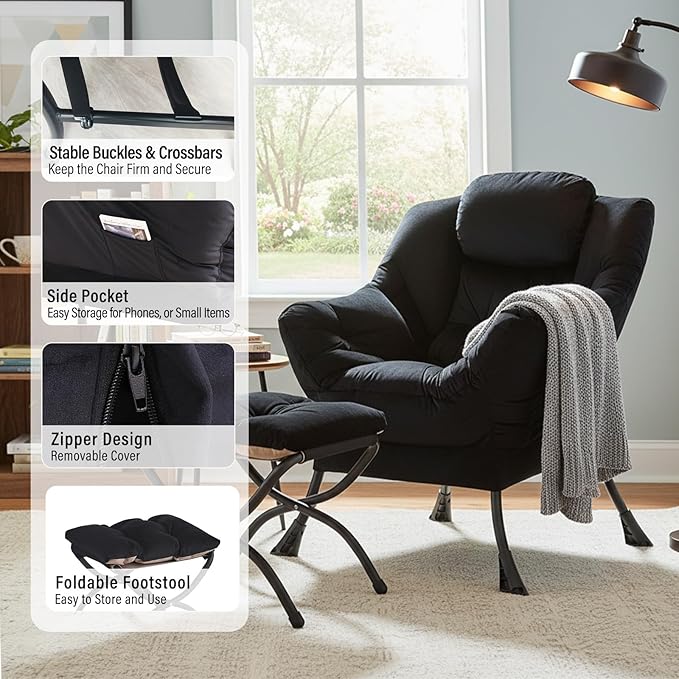 Lazy Chair with Ottoman Modern Accent Chair with Armrests and a Side Pocket Velvet Black Accent Chairs Reading Chairs Oversized Armchairs for Bedroom Study Living Room Courtyard