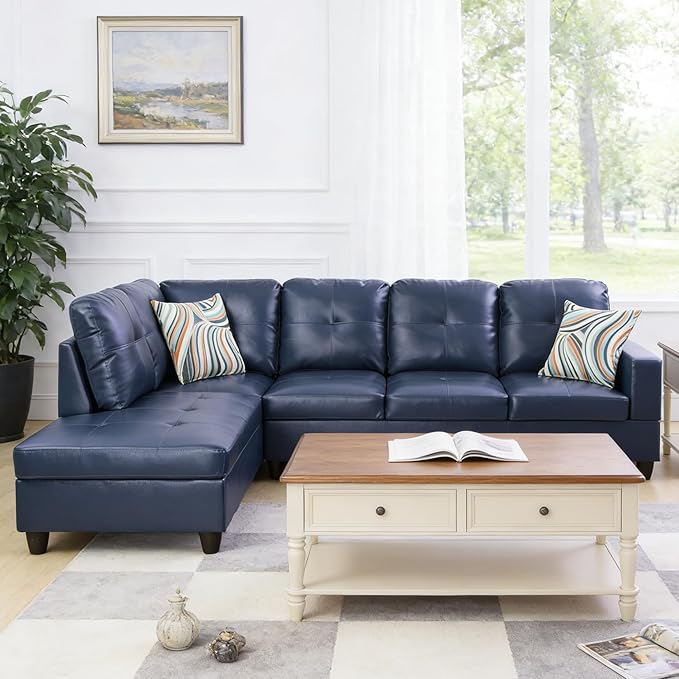 103.5 Inch Modern L-Shaped Couch Faux Leather Sectional Sofa with Chaise Lounge 4-Seater Couch with Accent Pillows for Living Room Apartment Blue
