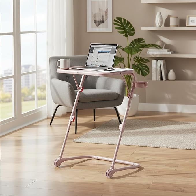 Homy Casa Adjustable Z Shaped Study Desk with Cup Holder Space Saving Portable Laptop Foldable Table for Home Office Living Room &amp Bedroom Sturdy Metal Frame &amp PP Top Black (1PC-Pink)